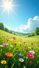 Sunlit meadow, vibrant wildflowers, clear blue sky, spring, landscape
