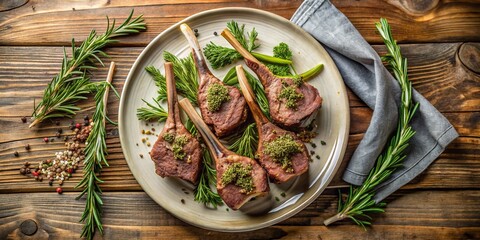 Aerial View of Herb-Crusted Lamb Chops with Rosemary Garnish