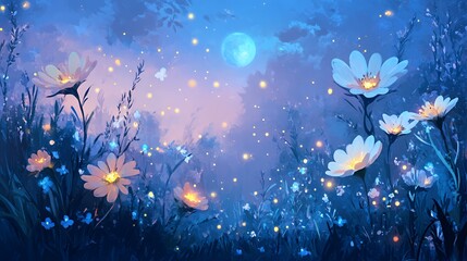 Moonlit Meadow With Glowing Flowers And Fireflies