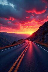 Crimson sky bleeds onto twisting asphalt, epic road trip panorama , dramatic, colors, wild