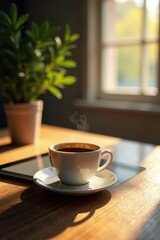 Wooden table, tablet, coffee cup, morning light, surface, texture