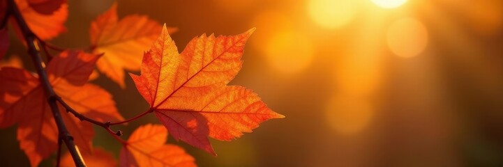 Fototapeta premium Sunlit orange leaf detail, fall foliage texture , dry, harvest, november