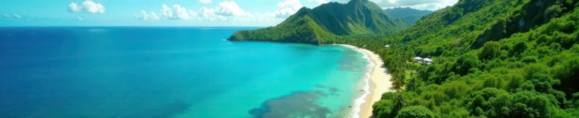 Drone shot, lush Fijian landscape, vibrant colours, green, Fiji