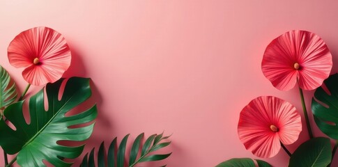 Obraz premium Coral background, vibrant Dragon Tail Monstera leaves Minimal summer aesthetic , background, coral