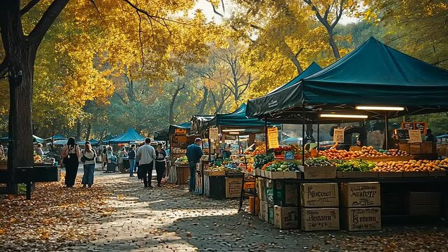 Vibrant autumn market scene with colorful stalls, people shopping, and golden leaves in the park