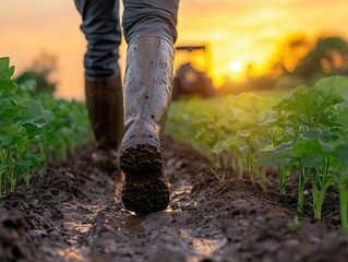 A farmer in rubber boots walking through a muddy field at sunset.