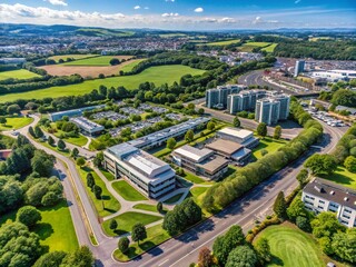 Aerial View of St Mellons Business Park, Cardiff, Wales - Modern Office Buildings & Landscaping