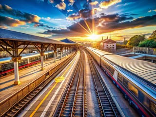 Aerial View of Train Station Platform with Departing Train - Drone Photography