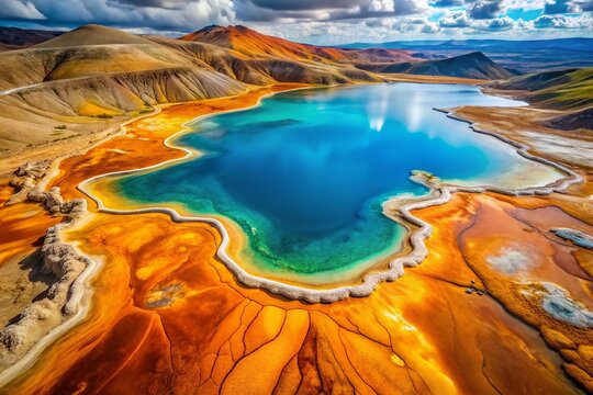 Aerial View of Turquoise Volcanic Caldera with Ochre and Orange Saltpeter Streaks