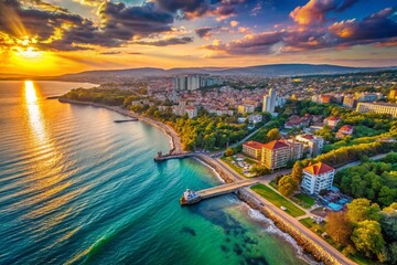 Fototapeta premium Aerial View of Varna Coastline and Cityscape: Stunning Bulgarian Panorama