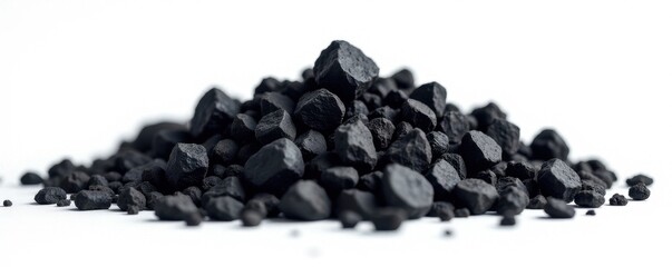 Gleaming black coal chunks on pure white backdrop , rock, environmental, background