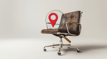 Fototapeta premium Office chair, magnifying glass, job door, and location pin on white background, concept of job search and recruitment, 3D Rendering,employment search design, hiring process illustration