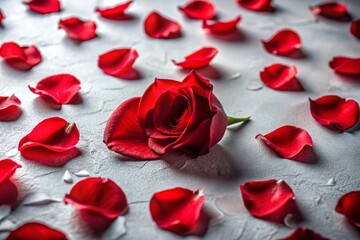 Fototapeta premium Aerial View: Red Rose Petals Scattered on White Textured Surface - Romantic Background