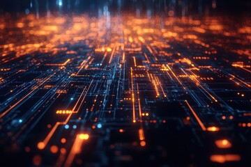 Fototapeta premium Futuristic circuit board with glowing blue and orange pathways.