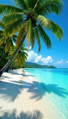 Azure water laps white sand beach, lush palms sway , sun, water