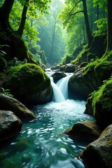 Crystal clear water tumbles down mossy rocks in dense jungle, beauty, plants