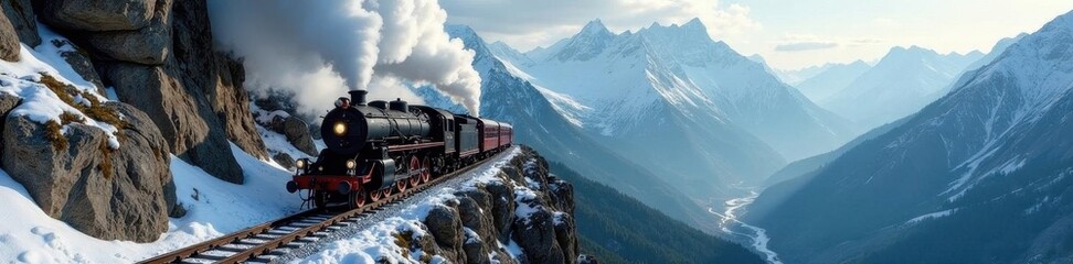 Fototapeta premium Majestic steam locomotive on perilous mountain pass, clouds, landscape, explore