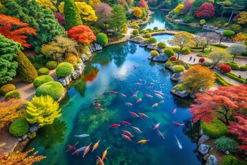 Fototapeta premium Aerial View: Tranquil Japanese Garden with Vivid Koi Pond & Autumn Foliage