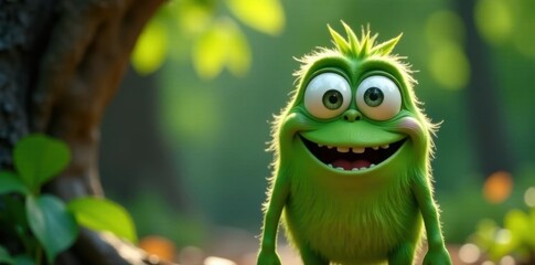 Friendly green monster with large eyes and playful grin , nature, digital art, grin