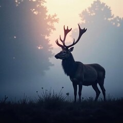 Imposing stag silhouette, antlers piercing the dense fog , picture, tranquil, wild