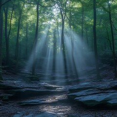 Obraz premium Sunbeams illuminate misty forest path, nature background, peaceful scene