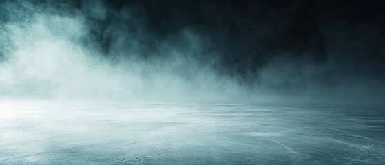 Fototapeta premium Fog drifts over an empty, eerie ice-covered landscape.