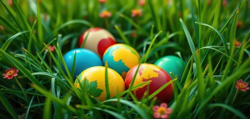 Fototapeta premium Vibrant dyed eggs nestled in lush green grass, spring flowers, easter background