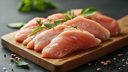 Fresh raw chicken breast fillets on a wooden cutting board.  Garnished with fresh herbs