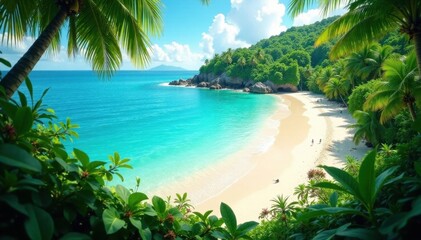 Lush jungle meets turquoise ocean, white sand beach , jungle, turquoise water