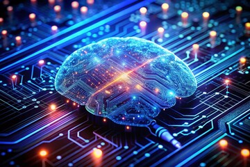 AI Brain Processing Data on Circuit Board: Futuristic Technology Concept