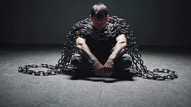 Male figure wrapped in heavy metal chains, crouched in dark minimalist space, hands clasped together, expressing intense physical and emotional tension