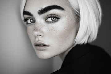 Fototapeta premium Black and white portrait of a young woman with short blonde hair and blue eyes