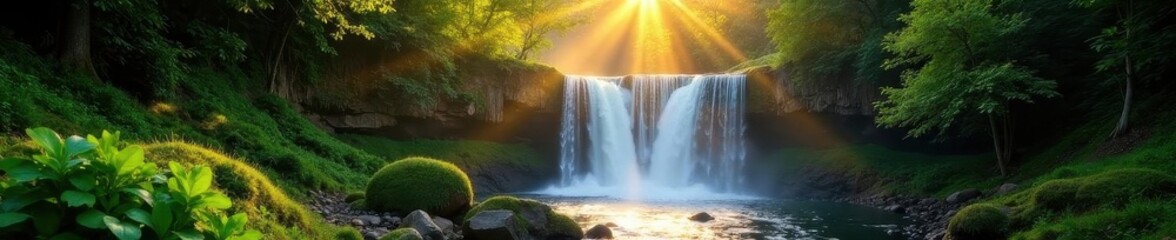 Sunlit waterfall cascading through lush green forest, water feature, trees, stream