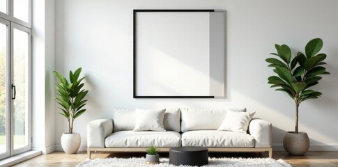 Sleek black frame on white wall, minimalist interior , home decor, minimal, presentation