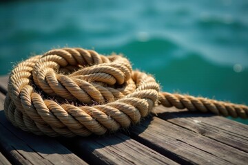 Fototapeta premium Thick, weathered ropes coiled on dock; frayed fibers visible , pier, worn, coiled