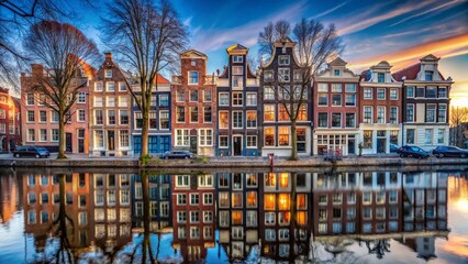 Amsterdam Canal Houses, Keizersgracht, Winter, Netherlands.  Charming facades, bare trees, blue sky. High-resolution stock photo.