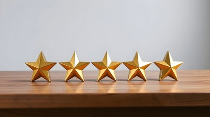 five golden stars in a line on a wooden table, concept of five stars review or service, space for copy