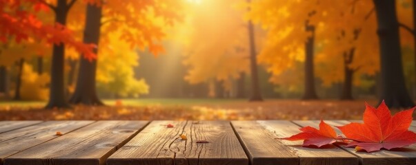Warm wood tabletop, vibrant autumn backdrop Product placement, fall colors , product, scenic