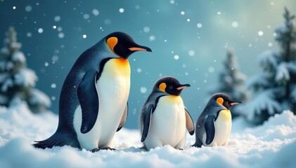 Penguin family amidst snowflakes, cheerful Christmas setting , holiday card, greeting card, illustration