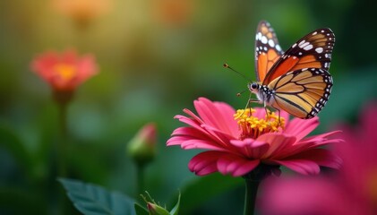 Fototapeta premium Butterfly delicately sipping nectar from vibrant bloom, vivid, wildflower, insect photography