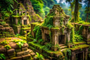 Fototapeta premium Ancient Stone Ruins Overgrown by Lush Jungle: Tilt-Shift Miniature Photography