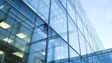 Contemporary Glass Building Facade with Reflections Under a Clear Blue Sky