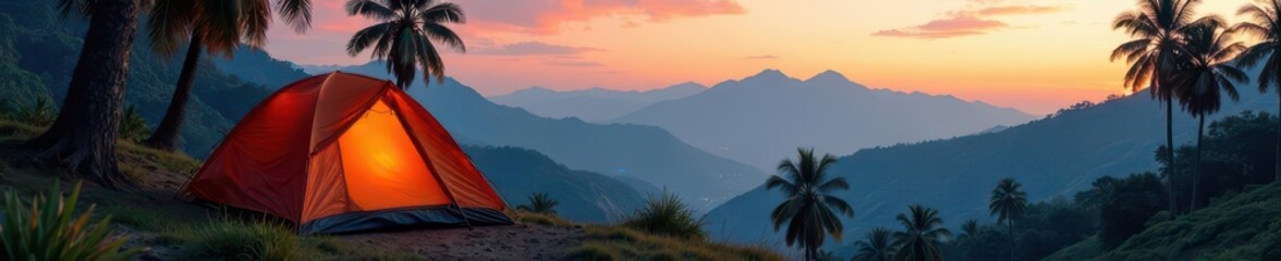 Obraz premium Tent nestled amongst palms, majestic mountain vista, blue, lush, nature