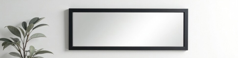 Sleek black frame, rectangular mirror, white wall , wall mounted, clean