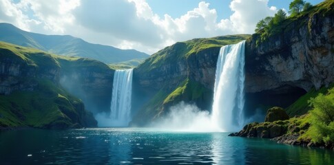 Steep cliff face, multiple tiered falls plunging into a lake , dramatic, tiers
