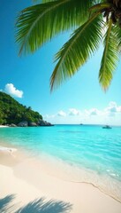 Sun-drenched beach, clear aqua water, palm silhouette , blue, tropical scene, beach