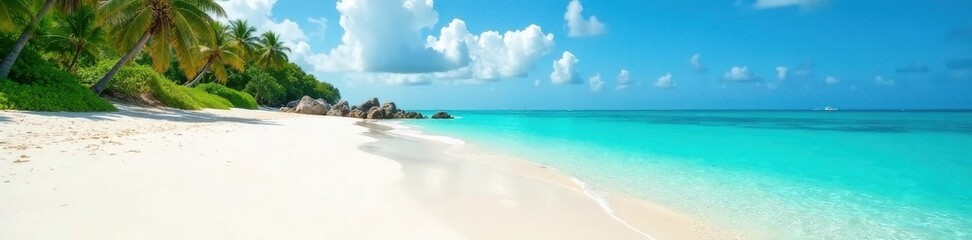 Sun-drenched white sand beach, turquoise ocean, clear blue sky, image, picture, coastal