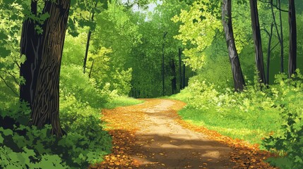Obraz premium Serene Summer Forest Path A Picturesque Winding Road Through Lush Greenery