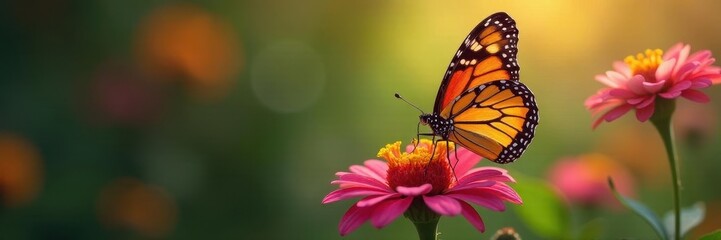 Vibrant monarch butterfly with open wings delicately perched on a bright bloom ,  nature photography, monarch,  lepidoptera