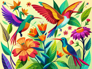 vector of  beautiful vibrant colored humming birds flying and loving on a flower nectar